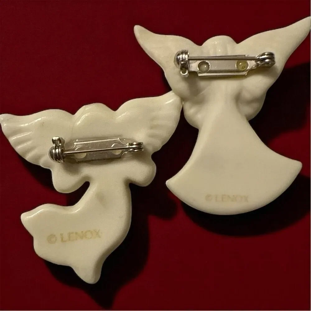 Vintage Lenox Two Porcelain Christmas Angel Brooch Gold Star Heart Collectible